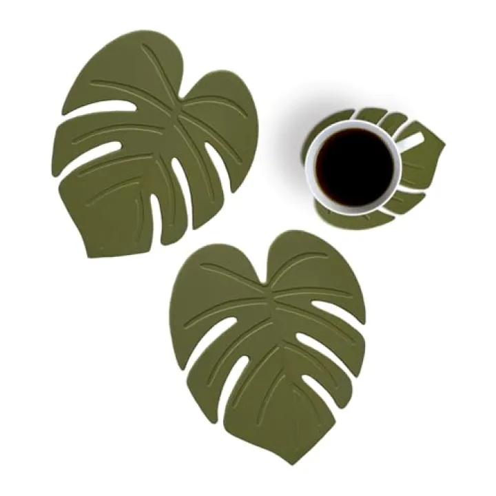 2PCS Cute Monstera Coasters, Soft Silicone Coaster for Drink, Fun Plant Cup Coasters for Desk, Creative 3D Green Turtle Leaf Drink Coaster, Tropical Home Decor