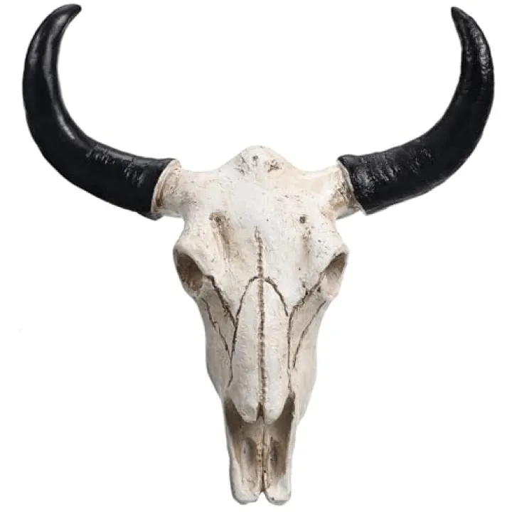 PRETYZOOM Bull Skull Wall Hanging with Long Horns Resin Sculpture for Home Decor Halloween Unique Animal Head Wall Art 8.5 Inch