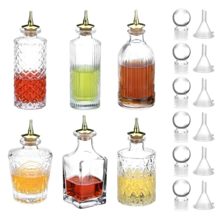 QWORK Glass Bitters Bottles Set of 6, Zinc Alloy Dash Tops and Leak-Resistant Stoppers for Smooth Dispensing