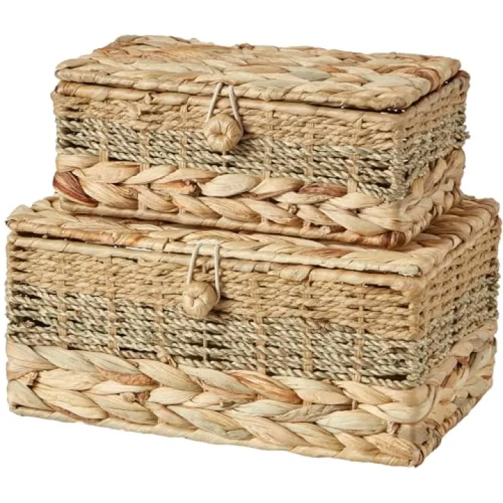 VinneGenzz 2PCS Wicker Storage Baskets with Lids Decorative Bohemian Handmade Rattan Boxes Natural Water Hyacinth Seagrass Paper Rope Woven Bins Shelf Container Memory Keepsake Photo Makeup Organizer