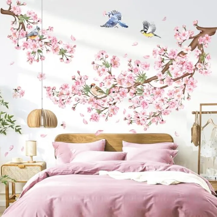 decalmile Cherry Blossom Branch Wall Decals Pink Floral Birds Wall Stickers Bedroom Living Room Sofa TV Background Wall Decor