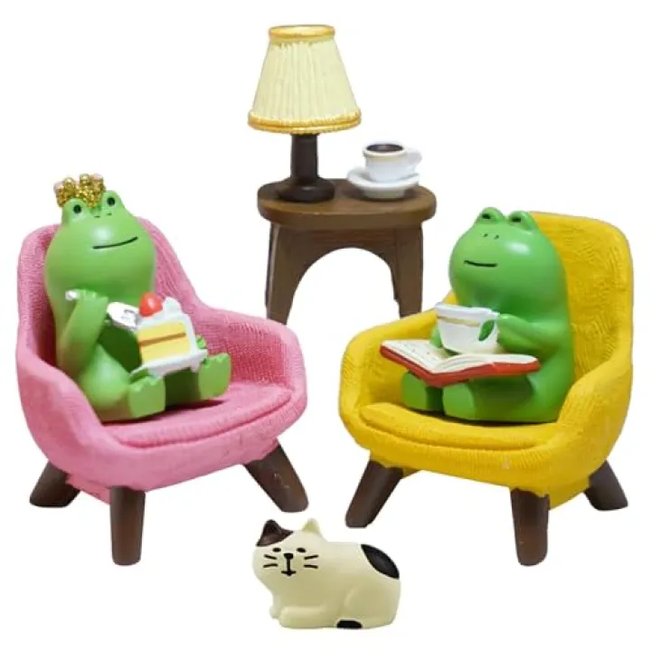 Inufcub Miniature Frog Desk Set with Sofa & Lamp - 6-Piece Cute Frog Figurines for Office Decor, Shelf Decor, Home Decor, Resin Gift for Women, Frog Lovers (Frog)