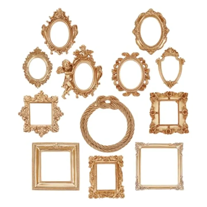 12 Pcs Mini Gold Picture Frames,3-5" Vintage Resin Picture Frame,Flower Oval Rectangle Baroque Antique Gold Frames Jewelry Display Table Frame for Christmas Jewelry Home Wedding Holiday Party Decor