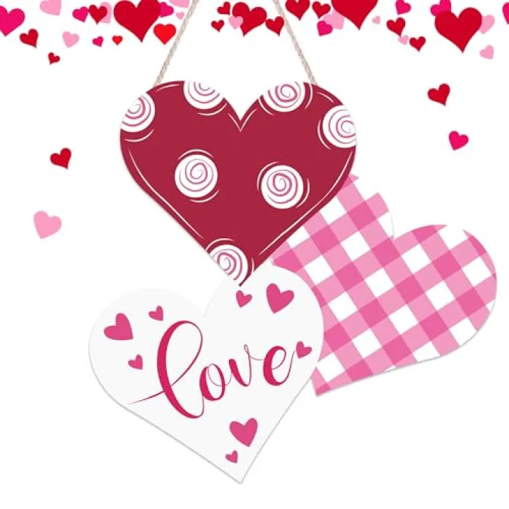 Valentines Day Door Sign Front Door Hanging Sign Three Hearts Love Wooden Door Hanger Door Wall Welcome Sign for Home Indoor Outdoor Valentines Decor Supplies