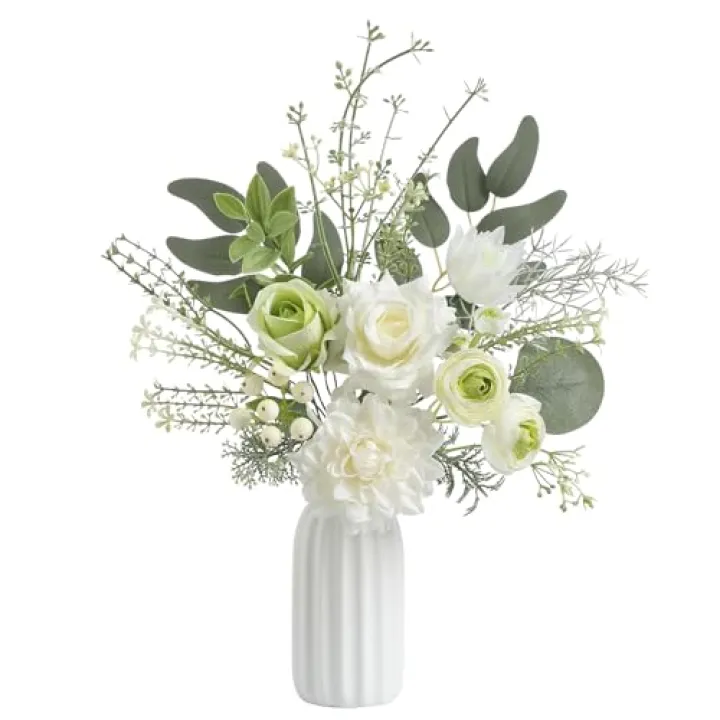 GAATEEK Small 11" Artificial Flowers in Ceramic Vase - White Green Silk Flower Centerpiece for Dining Table, Office, Wedding & Farmhouse, Home Decor Gifts
