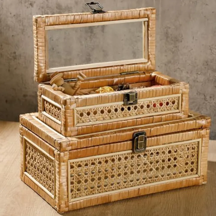 LOYIM Set of 2 Boho Rattan Decorative Box with Glass Lid Rectangular Woven Cane Stacking Boxes for Display Rustic Farmhouse Storage Basket Bins for Home Decoration