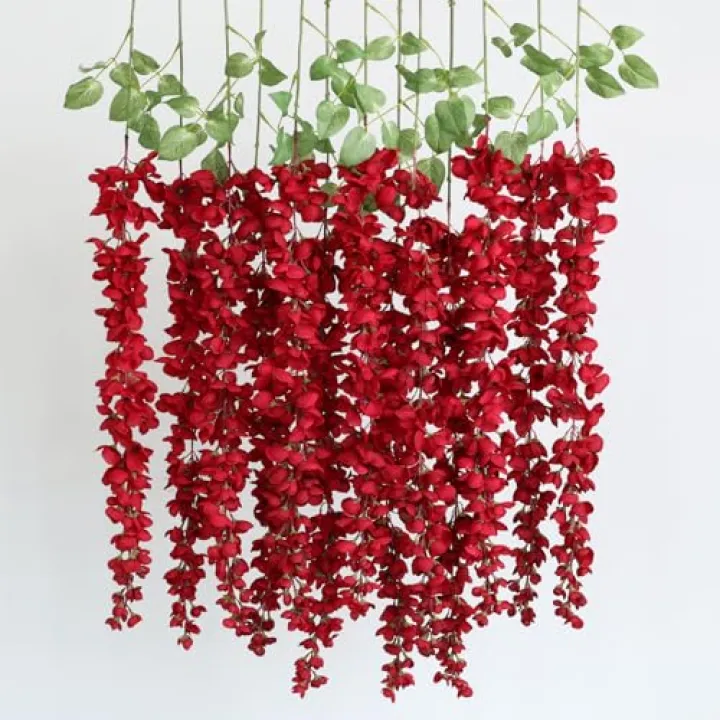 mizii 6Pcs Burgundy Wisteria Hanging Flowers 48" Silk Wisteria Artificial Flowers Garland Vines Fake Hanging Flowers Decoration for Wedding Flower Wall Backdrop Centerpieces Room Decor (Burgundy)