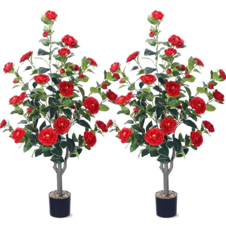 Jexine 2 Pack 40" Artificial Tree with Camellia, Fake Tree with 36 Blooming Flowers, Flower Plants Tree Faux Floral Plant Tree in Cement Pot for Indoor Outdoor Office Home Porch Decor (Red, 40")