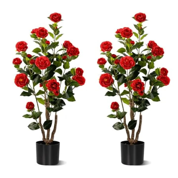 zylwtsntkn Artificial Camellia Tree 2 Pack, Artificial Plants Outdoor Faux Floral Plant in Cement Pot Fake Red Silk Camellia Tree Plants for Home House Living Room Office Decor (Red (2 Pack))