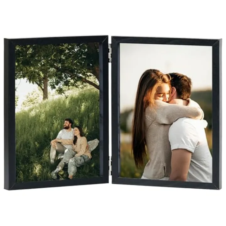 JCJMY 5x7 Double Picture Frame Hinged Folding Vertical Stand on Tabletop, Wood Two Openings 5x7 Double Photo Frame Collage with Shatter Resistant Plexiglass, Black