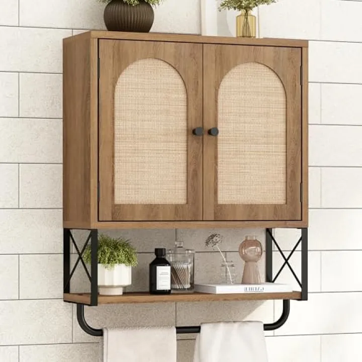RUSTOWN Rattan Bathroom Wall Cabinet, Boho Over The Toilet Storage Cabinet with Arched Rattan Doors, Modern Medicine Cabinet with Adjustable Shelves & Towel Bar, Bathroom Organizer(Rustic Oak, Medium)