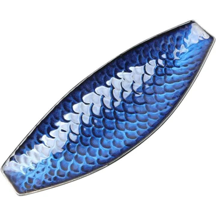 Sanbege 16" Large Ceramic Decorative Tray, Long Boat Shaped Centerpiece Bowl, Multipurpose Serving Platter for Home, Party Decor or Sushi, Fruits, Desserts (Blue)