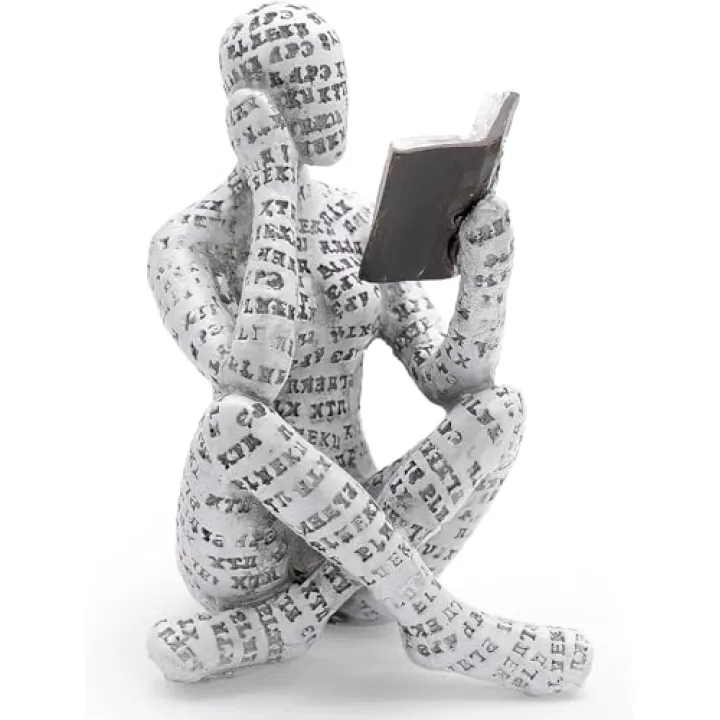 inheming Reading Figurine Bookshelf Decor, Creative Abstract Thinker Statue, Home Office Modern Shelf Desk Book Decoration