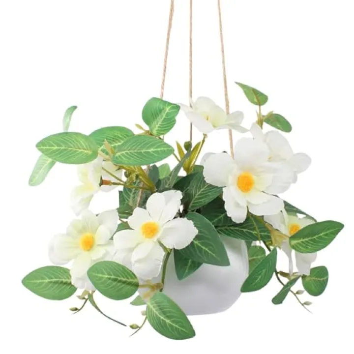 ginojex Artificial Fake Hanging Flowers Faux Daisy Plants Basket for Outdoor Flower Decor Party Exhibition Center Wedding Home Decoration- White
