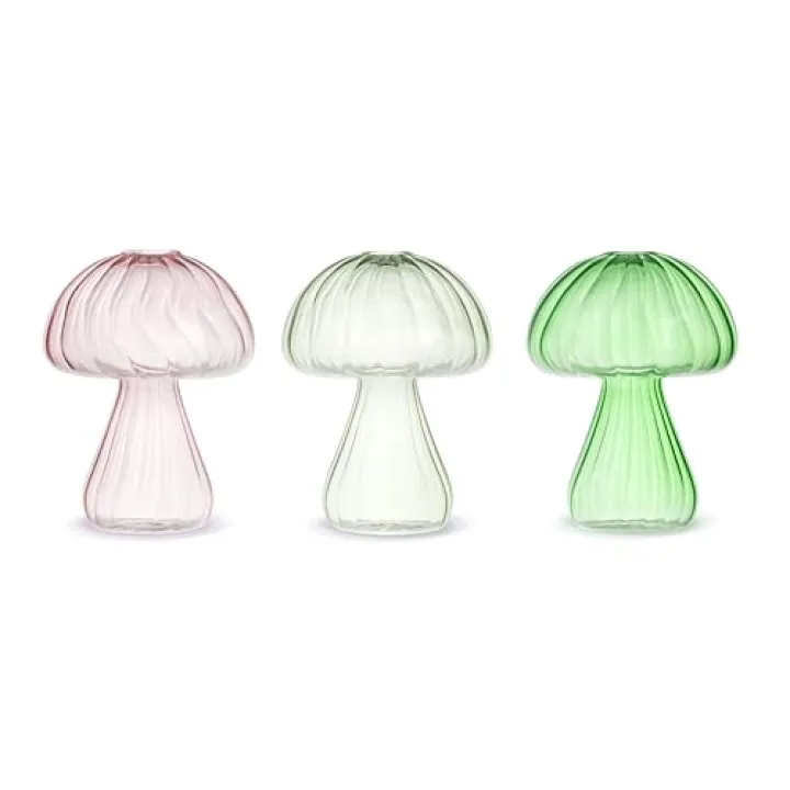 Demdaco Decorative Tabletop Arrangement Flower Vase, 5 x 6 Inch Glass, Mushrooms - Assorted Set of 3
