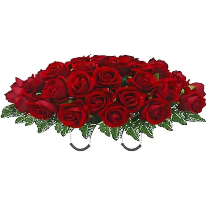 Wkczhod Artificial Roses Cemetery Flowers Outdoor Grave Decorations Saddle Arrangement for Headstone,Tombstone Memorial Decorations,Easy Fit (Red)