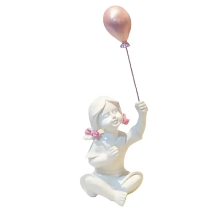 DiliComing White Girl with Pink Balloon Statue Decor - Resin People Crafts Figurine - Cute Handmade Small Sculpture for Desktop Shelf Décor, 2 x 1.65 x 5.5 inches