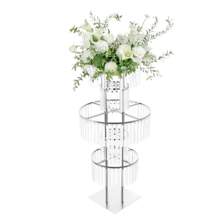 Silver Vases Centerpieces Crystal Flower Stand with Hanging Crystals, 5 Tier Chandelier Pedestal Stand for Wedding Reception Birthday Party Events Home Decor, 43.3" H