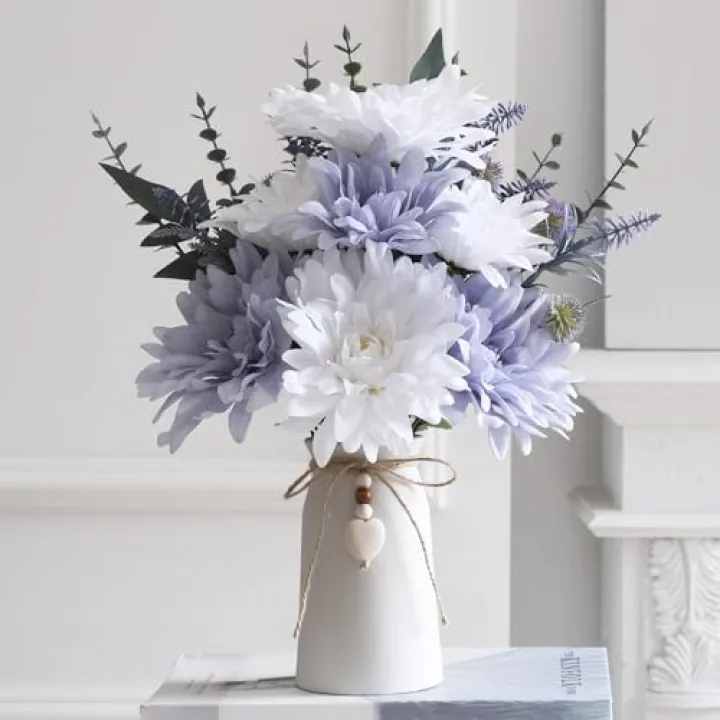 16" Artificial Flowers with Eucalyptus Stems and Greenery, Faux Dahlia Flower Arrangement in White Ceramic Vase with Heart Charm Décor, Rustic Farmhouse Table Centerpiece for Home, Kitchen & Office