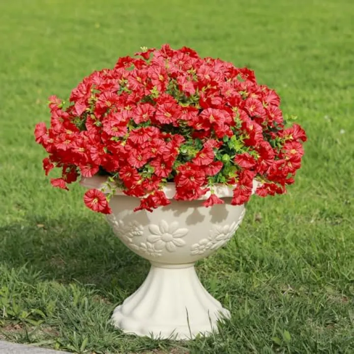 CCTIVED 16 Bundles UV Resistant Artificial Outdoor Flowers, Realistic Fake Silk Petunias Flowers for Outside Fade Resistant Faux Plants for Hanging Planters, Window Boxes, Summer Garden-Red
