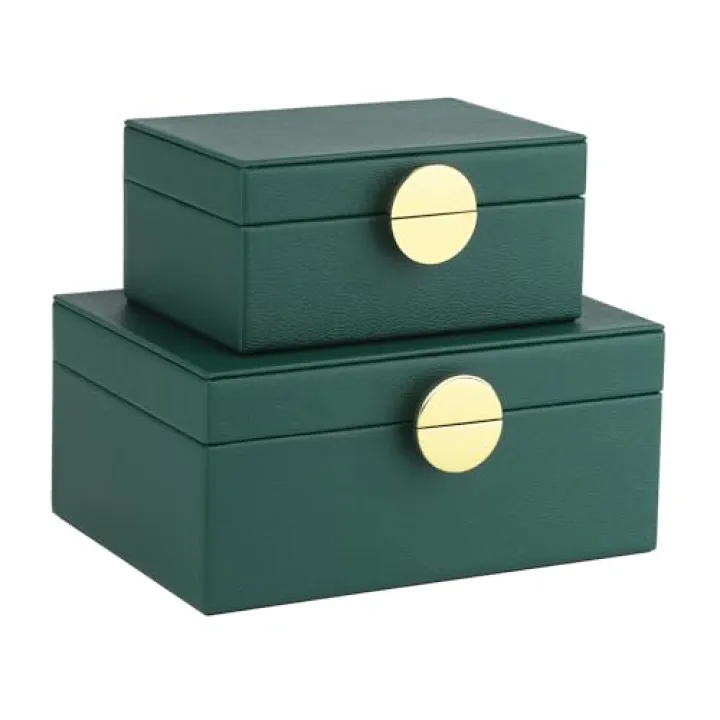 HofferRuffer Faux Leather Jewelry Boxes, Decorative Boxes Storage Accessory Organizer with Gold Hardware Decor, Classic Vegan Leather Set of 2 Pieces (Green)