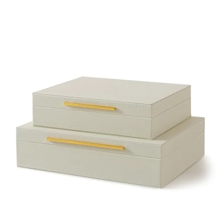 Soul & Lane Faux Leather Decorative Boxes with Lids and Gold Hardware for Home Decor, Set of 2 Stacking Hinged Boxes for Coffee Table and Living Room Shelves, Nesting Remote Control Holder, Ivory