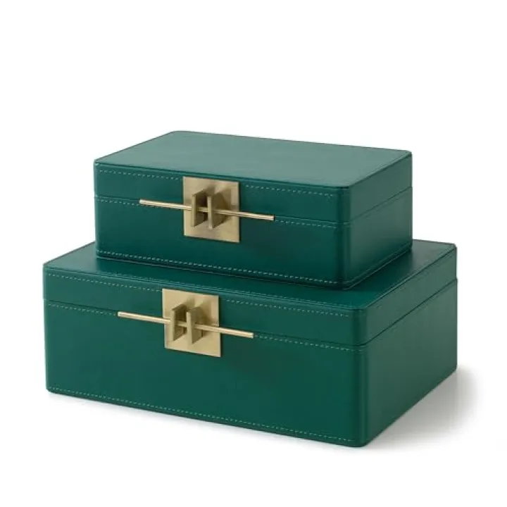 Soul & Lane Faux Leather Decorative Boxes with Lids for Home Decor, Set of 2 Stacking Hinged Boxes for Coffee Table and Living Room Shelves, Remote Control Holder, Emerald Green