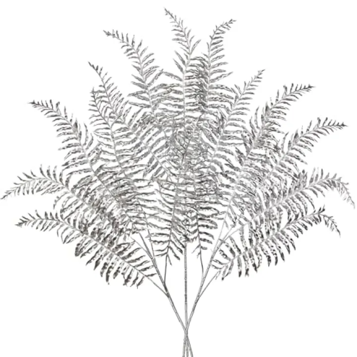 GnFlus 30” Artificial Silver Ferns Leaves Stems Christmas Long Branch 3Pcs Fake Leave Flower Tall for Christmas Tree DIY Xmas Wreath Garland Arrangment Vase