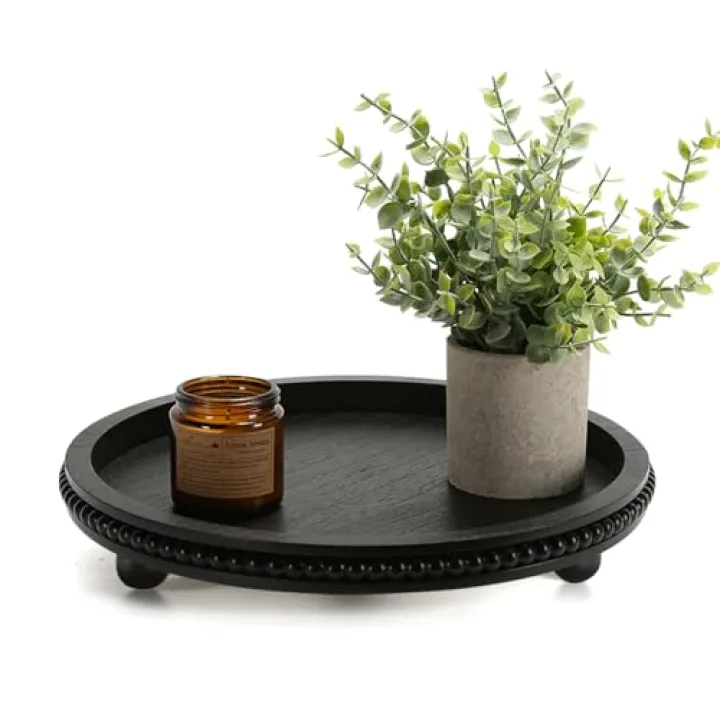 Wooden Beaded Decor Tray for Coffee Table, Rustic Wooden Trays Table Centerpieces, Decorative Trays for Home Decor Kitchen Table Farmhouse Serving Tray (Round Black)