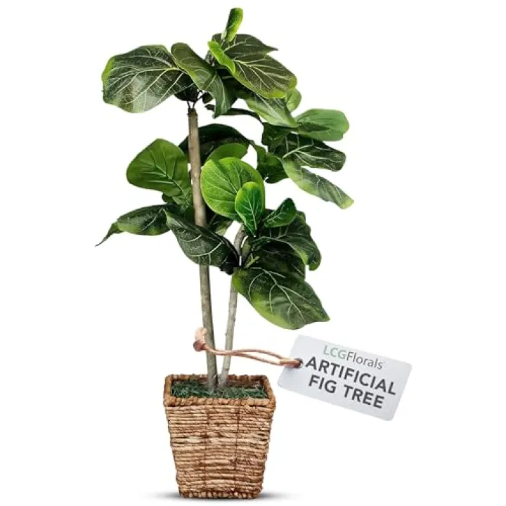 LCG Florals 3.2ft Artificial Fiddle Leaf Fig Tree in Woven Basket - Real Wood Trunk, Preassembled, No Maintenance Indoor Faux Plant - Living Room, Home & Office Decor