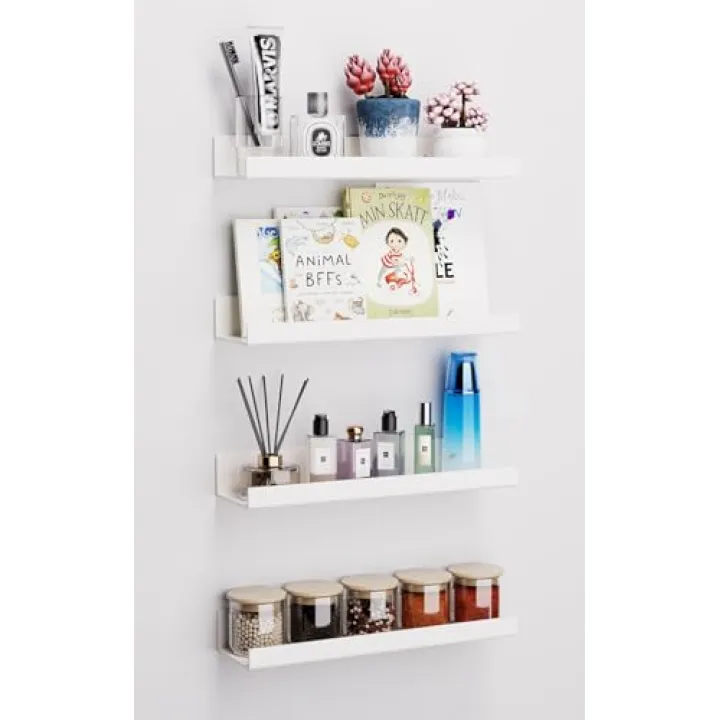 Albumgit 4 Pack Acrylic Shelves for Wall Storage, Self-Adhesive 15" White Floating Shelf for Pop Figures, Picture, Perfume, Books, Wall Shelf Organizer for Bathroom, Living Room, Bedroom, Kitchen