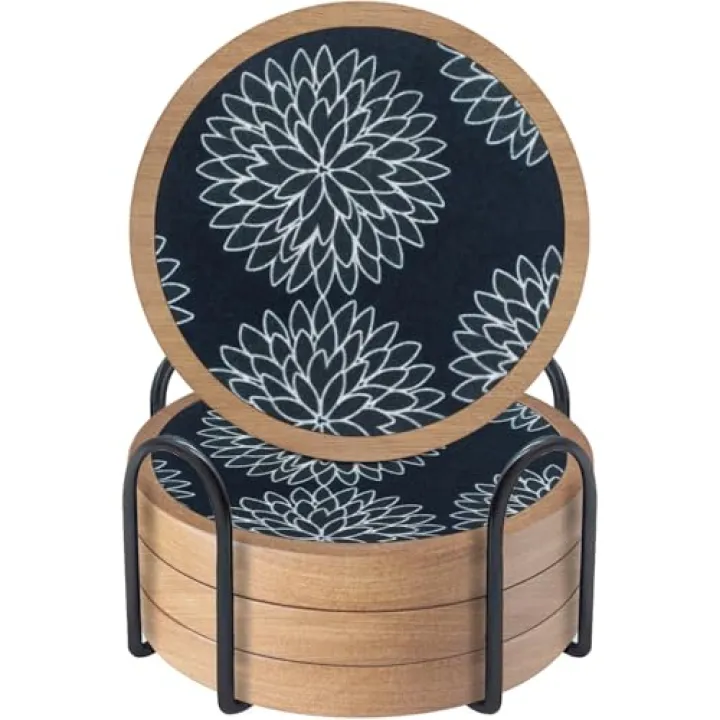 Wood Coasters Set of 4 with Holder, Cewiru Cup Mat for Drinks, Absorbent Coasters with Felt Insert for Coffee Table Protection, Modern Style Home Dining Table Decor, 4.3" Black