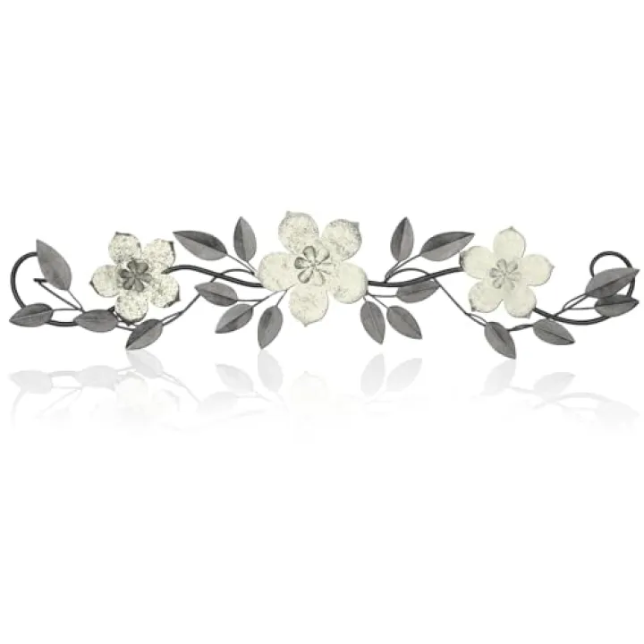 Wesiti Metal Flower Wall Decor Vintage Spring Metal Flower Wrought Iron Scroll Sculpture 15.7''x3.7'' Farmhouse Leaves Wall Decor with Nails for Spring Living Room Bedroom Indoor Outdoor(White)