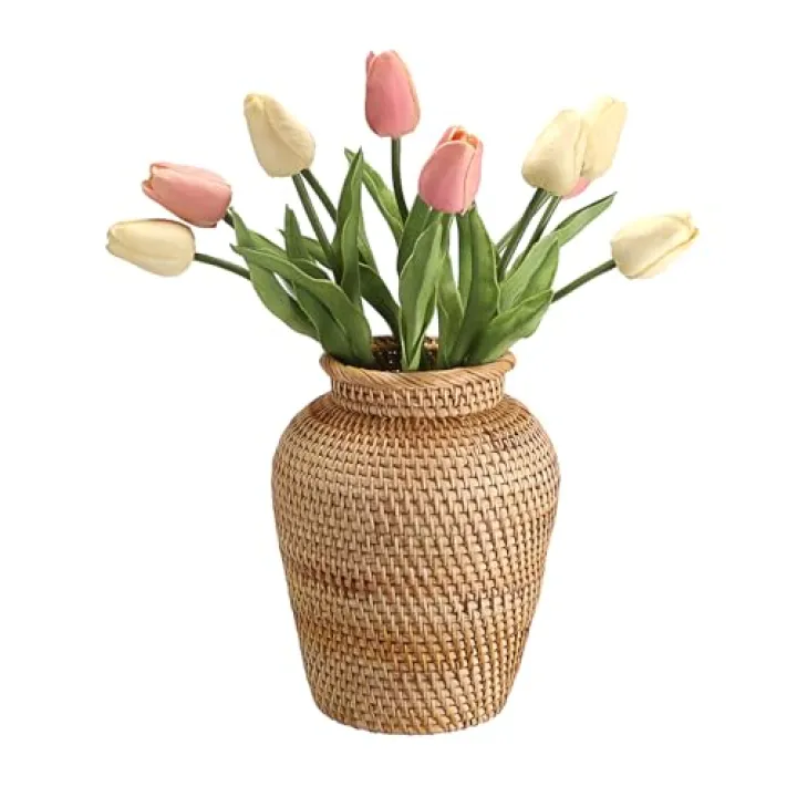 JUXYES Tabletop Woven Rattan Vase for Flowers, Rustic Country Style Rattan Basket Vase, Farmhouse Small Wicker Woven Bouquet Vase Table Centerpiece for Home Decor