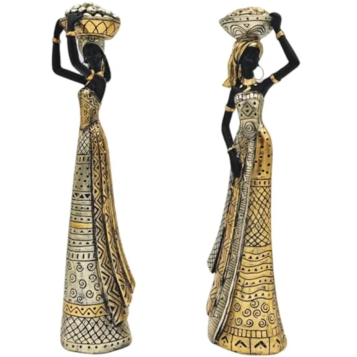 OGANGART 13" African Statues for Home Decor,2-Piece Set Lady Figure Sculptures Decorations for Tables Top,Black Vintage Ornament for Shelf and Living Room,Bookshelf,Décor Accents Gifts for Women