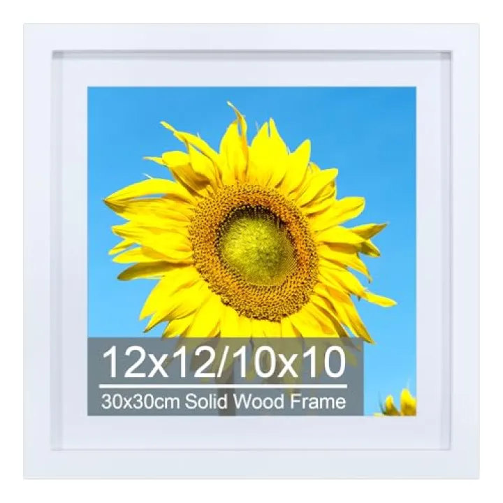 12x12 Picture Frame Matted to 10x10, Solid Wood Diamond Art Painting Frames 30x30cm, Display Pictures 10 x 10 with Mat or 12 x 12 Without Mat, 12x12 Square Photo Poster Frame, Wall Mounting - White