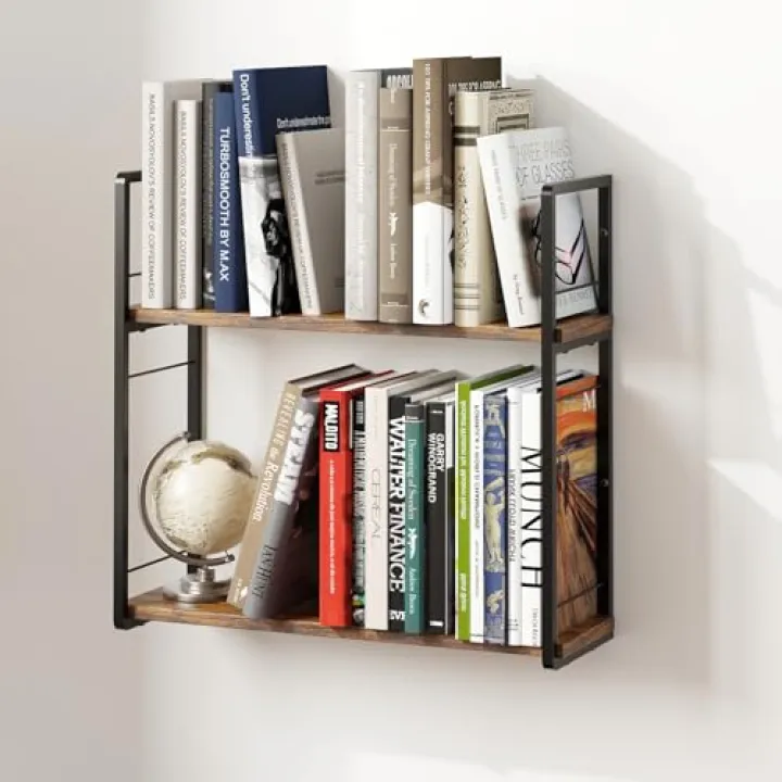 ART-GIFTREE Floating Book Shelves for Wall, 2-Layer Wall Bookshelf for Book Storage, Space Saver, 16in Stud Hanging Shelf, Bedside Shelf for Living Room Bedroom Office, Dark Brown