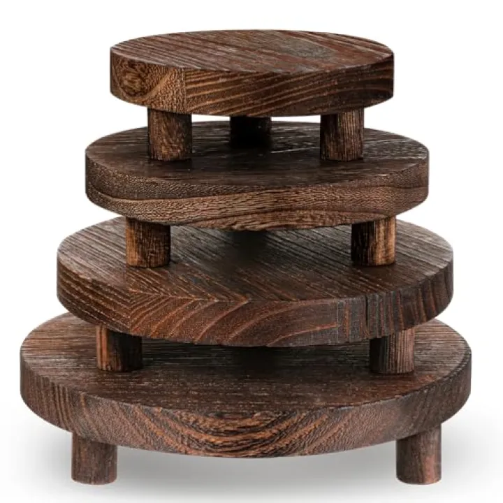 FdcZeyxior 4 Pcs Round Wood Risers Display Stands Wooden Risers for Table Display Mini Riser Stand Rustic Wooden Riser Holder Tiered Tray for Home Decor Kitchen Counter 4 Sizes Brown