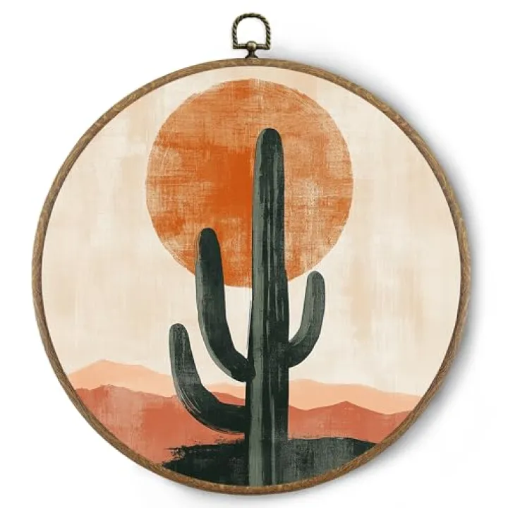 BitKAM Boho Western Round Wall Art Decor, Vintage Southwestern Mountain Cactus Desert Landscape Canvas Prints Framed, Western Boho Wall Hanging Decorations for Home Bedroom Office, 10x10 Inch Wall Sculptures