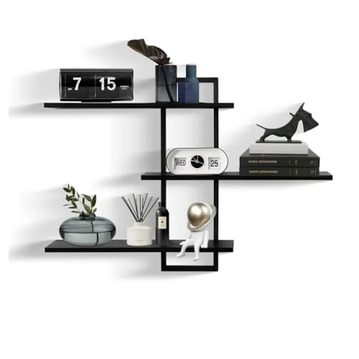 PHOENANCEE 3 Tier Wall Shelves,Decorative Floating Shelf for Wall,Plants Photo Shelf Storage Display Shelving Wood for Living Room Bedroom Kitchen Home Office Decor,Modern,Large,22 Inch(Black)