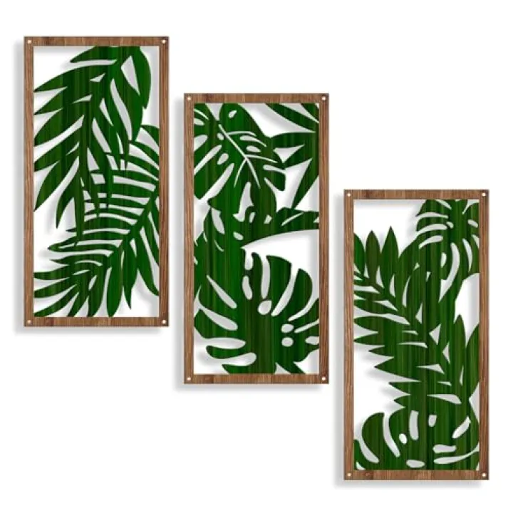 VGICH Wood Wall Decor 3 Pcs, Boho Tropical Palm Leaves Wall Art Decoration, Rustic Palm Leaf Wood Art for Living Room Home Decor