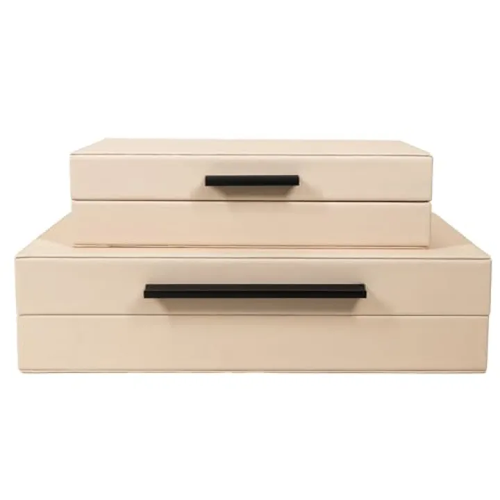 Set of 2 Light Pink Shagreen Decorative Boxes with Black Metal Handles, Faux Leather Nesting Decor Storage Boxes with Lid, Modern Keepsake Box, Stacking Jewelry Memory and Photo Box for Home Decor