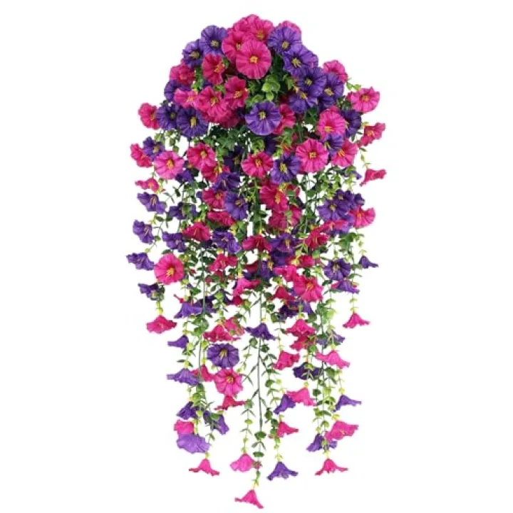 SzJias Fake Hanging Flowers Hanging Artificial Flowers for Outdoors for Porch Yard Patio Garden Indoor (2, Double Purple)