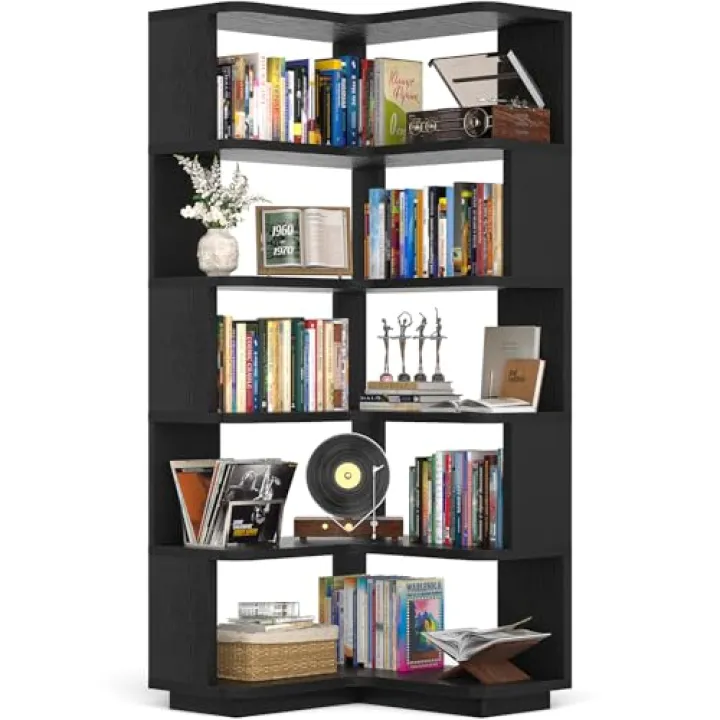 Armocity Corner Book Shelf - 6 Tier Corner Bookshelf Etagere Bookcase with Baffle, Freestanding L Shaped Display Shelf Stand for Home Office, Living Room, Bedroom, Kitchen, Black