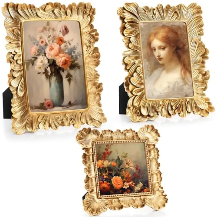 Beeveer 3 Pcs Vintage Gold Photo Frames 4x4,4x6, 5x7 Resin Rectangle Antique Picture Frame with Glass Front and Backboard for Wall Hanging Table Top Display for Home Wedding Christmas(Delicate Style)