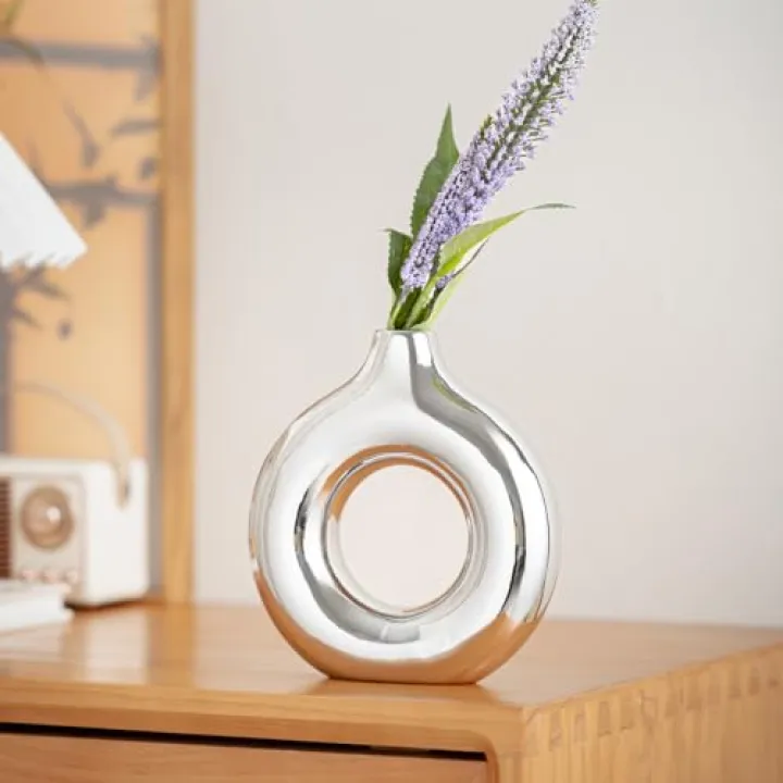 Eastern Rock White and Gold Donut Vase, Modern Ceramic Vase for Pampas Grass, Perfect Centerpiece for Weddings, Living Room, and Office Decor (Full Silver, S)