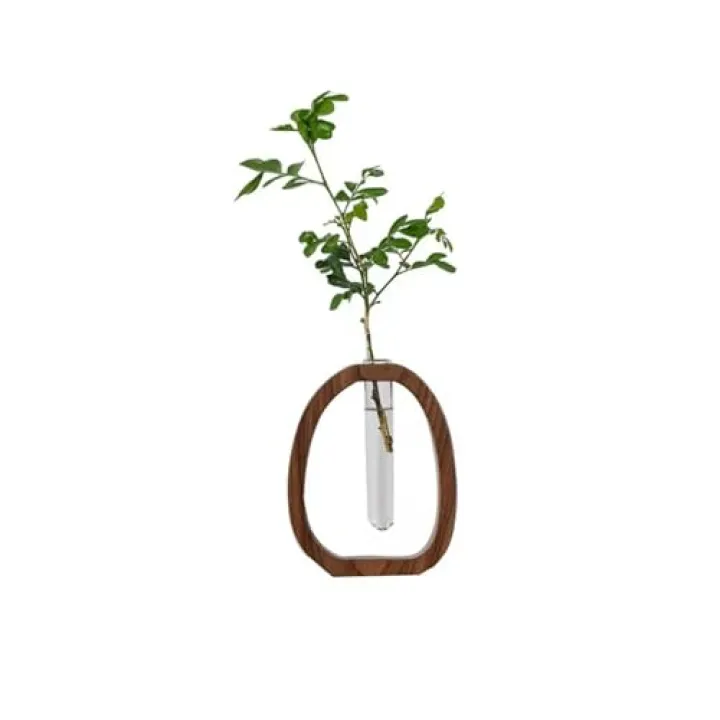 Solid Wood Vase Frame Glass Test Tube Vases, Desk Hydroponic Plant Desktop Decor, Walnut Vase Plant Holder Home Office Decorations