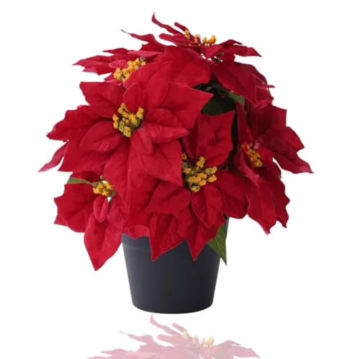 MELAJIA 16“ Artificial Poinsettias Flowers for Outdoors Red Faux Christmas Poinsettia Plant 11 Heads Winter Flowers for Front Porch Garden Yard Patio Decor