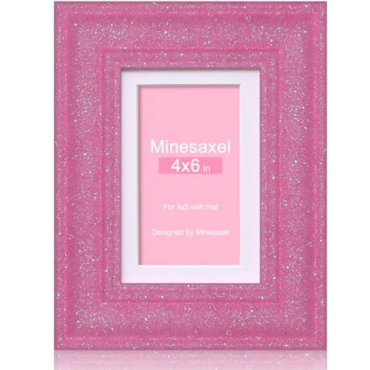 Minesaxel 4x6 Glitter Picture Frame with Mat for 3x5, HD Real Glass Pastel Sparkle Photo Frames, Colorful Cute Fun or Unique 4 by 6 Artwork Frame for Tabletop or Wall Display Pink 1 Pack