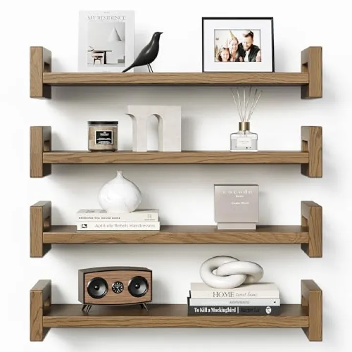 Vailando Floating Shelves for Wall, Set of 4 Solid Wood Wall Mounted Shelves, 16" Rustic Walnut Display Shelf for Bedroom, Living Room, Bathroom, and Kitchen Decor - Heavy-Duty & Natural Pine